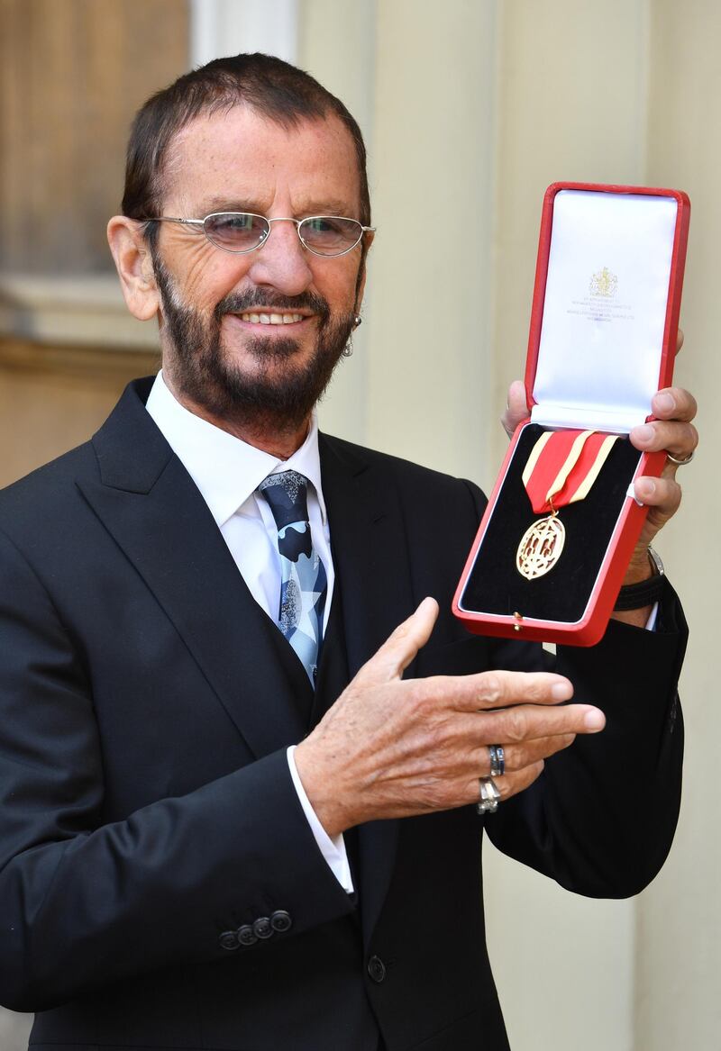 LONDON, ENGLAND - MARCH 20:  Ringo Starr, real name Richard Starkey, poses at Buckingham Palace after receiving his Knighthood at an Investiture ceremony on March 20, 2018 in London, England. (Photo by John Stillwell - WPA Pool/Getty Images)