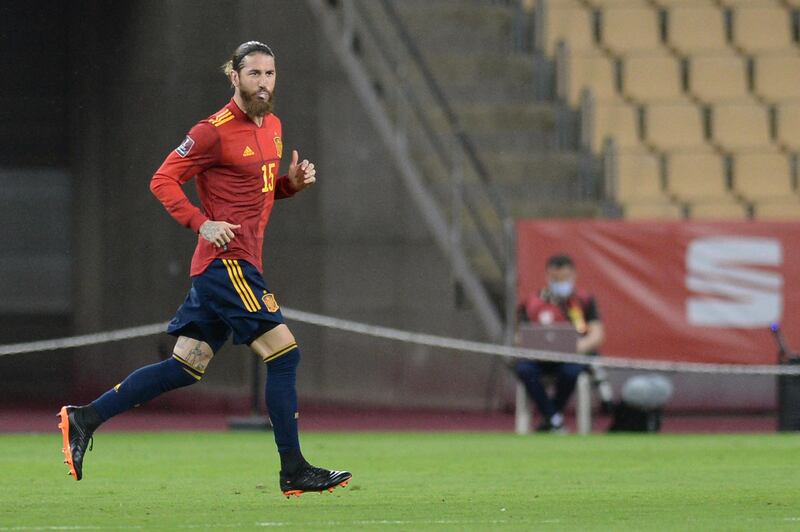 Spain's defender Sergio Ramos runs onto the field during the World Cup qualifier against Kosovo at the La Cartuja Stadium. AFP