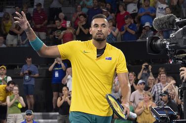 Nick Kyrgios celebrates after winning his singles match against Stefanos Tsitsipas Day 5 of the ATP Cup. EPA
