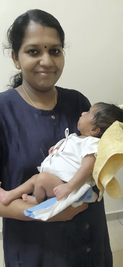 Soumya Devi with baby Durga after she completed the mandatory isolation for Covid-19. The Dubai resident is thrilled to spend time with the newborn without fear of passing on the infection. Courtesy: Hari Prasad