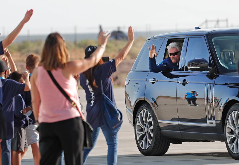 Mr Branson is driven to the rocket plane at Spaceport America, near the city of Truth or Consequences, New Mexico.