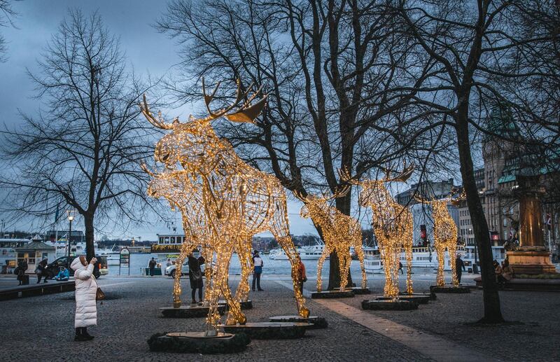 A woman takes photos of Christmas light installations formed as elks at the Raoul Wallenberg Square in central Stockholm, Sweden.  AP Photo