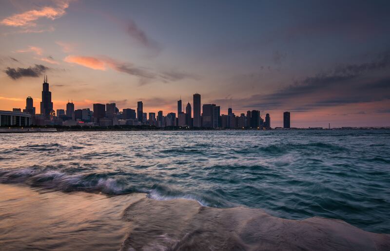 Chicago Skyline - Lake Front Trail -Museum Campus. Courtesy Illinois Office of Tourism