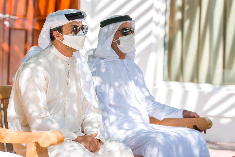 Sheikh Saif bin Zayed, Deputy Prime Minister and Minister of Interior; and Sheikh Mansour bin Zayed, Deputy Prime Minister and Minister of Presidential Affairs, attend a meeting in Dubai on Wednesday. Courtesy: Sheikh Mohamed bin Zayed Twitter