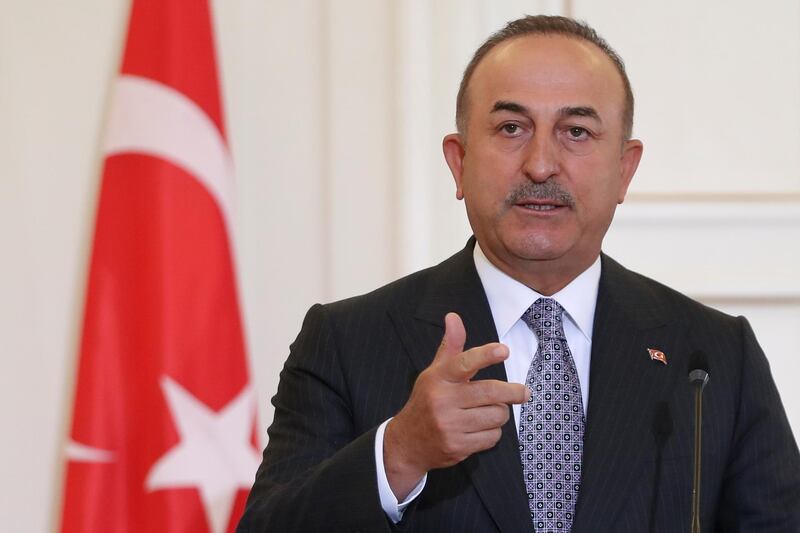 Turkish Foreign Minister Mevlut Cavusoglu speaks during a joint news conference with his Greek counterpart Nikos Dendias at the Ministry of Foreign Affairs in Athens, Greece, May 31, 2021. REUTERS/Costas Baltas