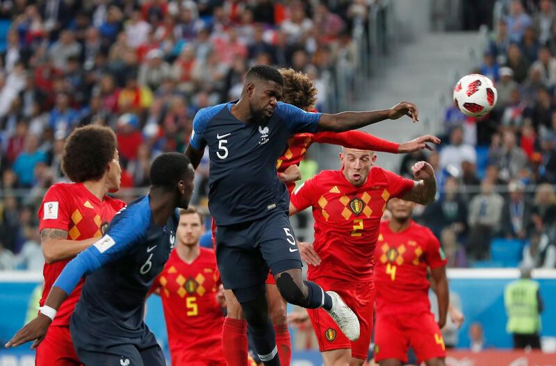 France's Samuel Umtiti heads the ball to score the opening goal. AP Photo