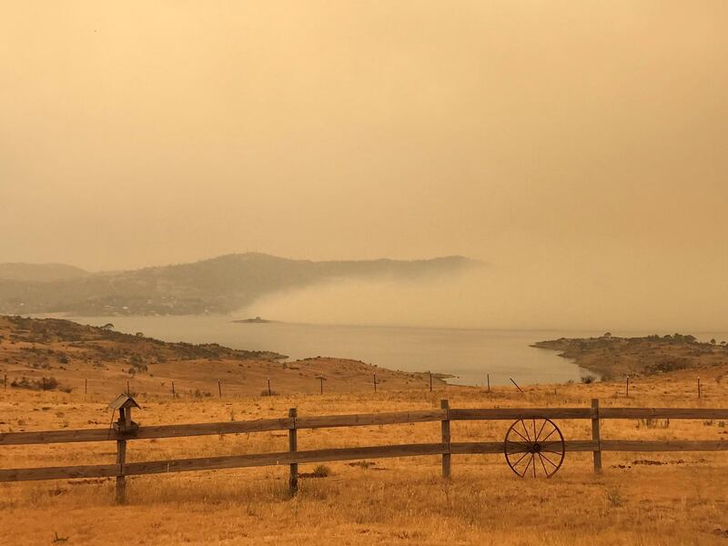 The hazy landscape in Jindabyne, a township affected by the Dunns Road bushfire, in New South Wales. Reuters