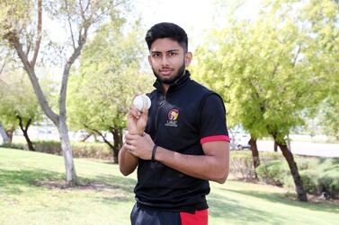 ABU DHABI, UNITED ARAB EMIRATES , March 26 – 2020 :- Yodhin Punja, the youngest cricketer to represent the UAE in both First Class and One Day Internationals. He is a student at Cardiff University but is back in Abu Dhabi for a break as the Universities in the UK are closed due to the spread of Coronavirus. He is at the Khaldia park near the corniche in Abu Dhabi. (Pawan Singh / The National) For Sports. Story by Amith