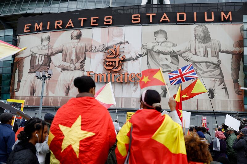 Protestors outside the Emirates stadium in London raise awareness of conflict in the Tigray region of Ethiopia. Reuters