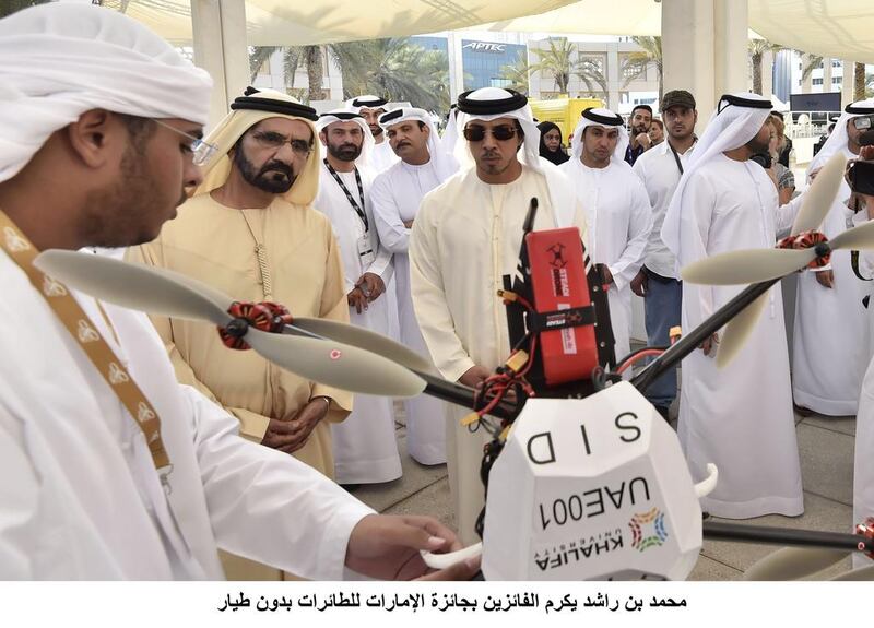 Sheikh Mohammed bin Rashid, Vice President and Ruler of Dubai, and Sheikh Mansour bin Zayed, Deputy Prime Minister and Minister for Presidential Affairs, at the Drones for Good finals. Wam
