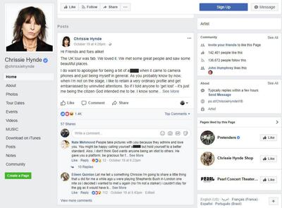 Chrissie Hynde apologises on Facebook about her views on mobile phones during her UK tour, October 19 2017.
