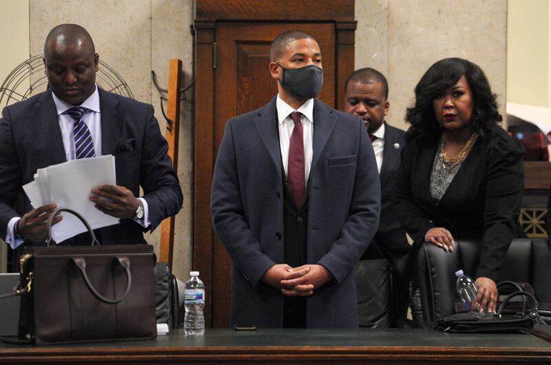 Jussie Smollett stands at the Leighton Criminal Courthouse in Chicago during his sentencing. EPA