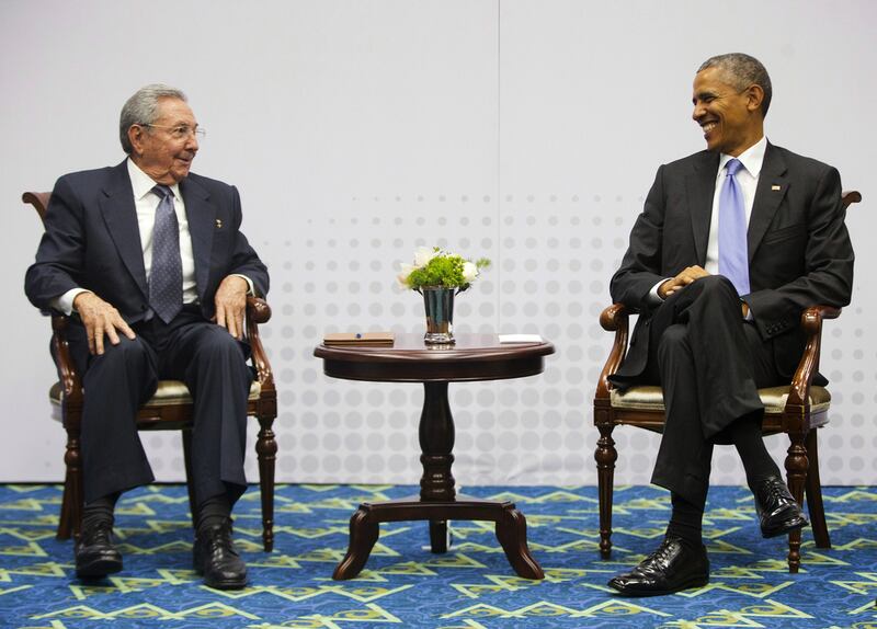 Cuban leader Raul Castro meets US president Barack Obama in 2015 at the Summit of the Americas. AP