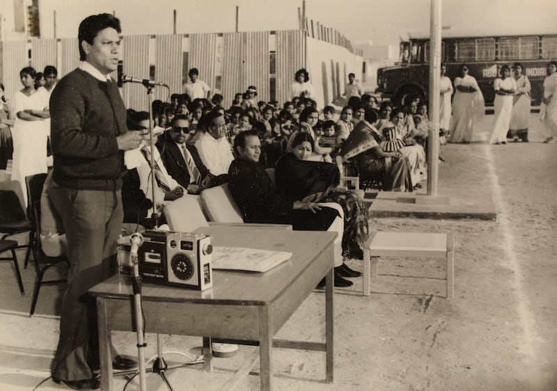 Mohan Jashanmal, head of the school's board of governors, makes a speech at India Republic Day celebrations in 1983