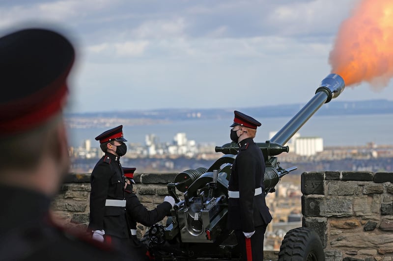 A gun salute at Edinburgh Castle. A single round was fired followed by a single round a minute later to begin and end a national minute's silence immediately before the funeral service of Britain's Prince Philip. Reuters