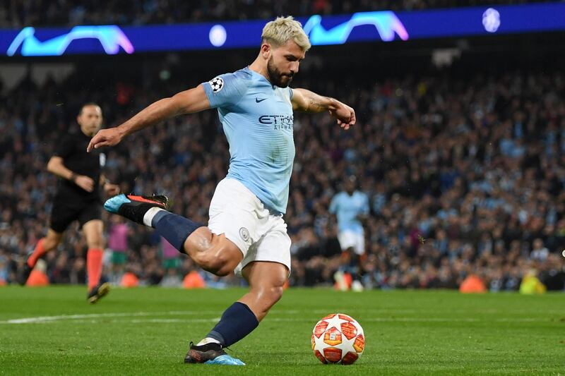 MANCHESTER, ENGLAND - APRIL 17:  Sergio Aguero of Manchester City scores his team's fourth goal during the UEFA Champions League Quarter Final second leg match between Manchester City and Tottenham Hotspur at at Etihad Stadium on April 17, 2019 in Manchester, England. (Photo by Shaun Botterill/Getty Images)