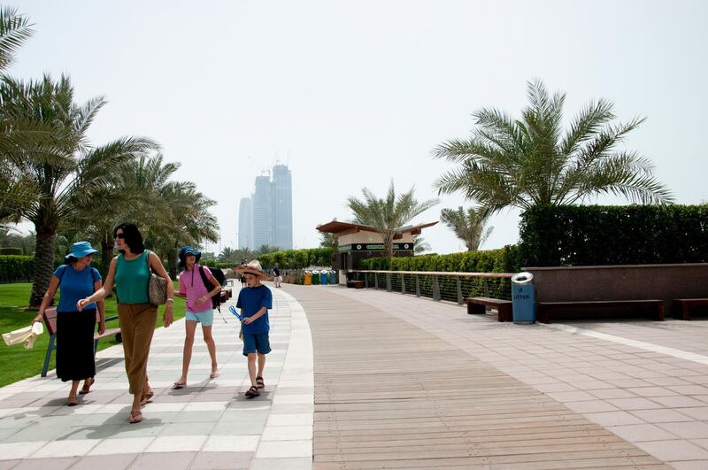 Abu Dhabi/ Corniche. People do different activates and sports in Abu Dhabi corniche during the whole year. Some of them spend their time with their families on the beach and swiming in the warm water and playing volly ball. While others enjoy exercising, walking, biking, and skating.    
 Fatima Al Mazouqi/The National 