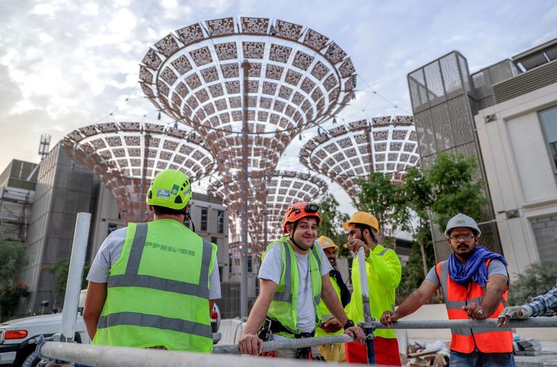 Dubai, United Arab Emirates, May 21, 2019.  An Iftar tour of the expo 2020 site. Construction workers at he Al Wasl Plaza.
Victor Besa/The National
Section:  A&L
Reporter:  Anna Zacharias