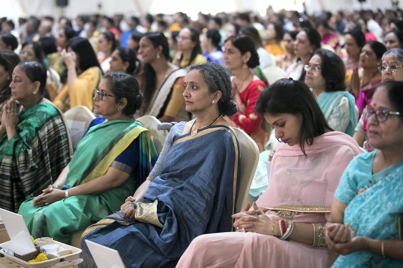 ABU DHABI, UNITED ARAB EMIRATES - April 20 2019.

The Shilanyas Vidhi, The Foundation
ceremony of the first traditional Hindu Mandir in Abu Dhabi, UAE. The Vedic ceremony is performed in the holy presence of His Holiness Mahant Swami Maharaj, the spiritual leader of BAPS Swaminarayan Sanstha.

(Photo by Reem Mohammed/The National)

Reporter:
Section: NA + BZ