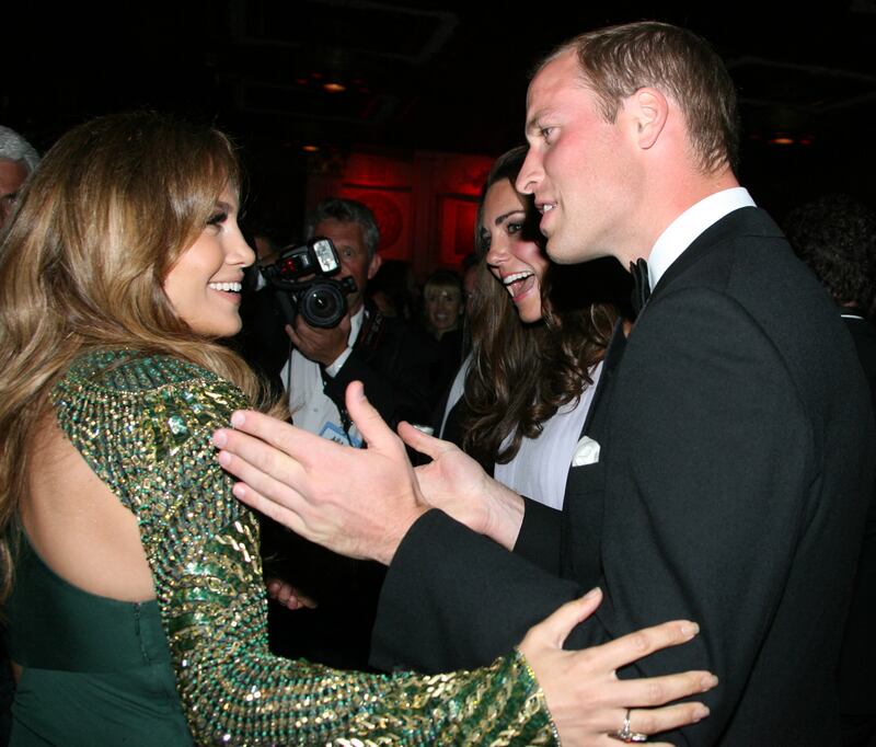 Prince William and Catherine, Duchess of Cambridge, chat with Lopez at the BAFTA Brits to Watch event at the Belasco Theatre in Los Angeles, California, 2011. AFP