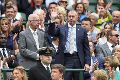 LONDON, ENGLAND - JULY 02:  Sir Geoff Hurst and Sir Bobby Charlton are announced to the crowed in centre court on day six of the Wimbledon Lawn Tennis Championships at the All England Lawn Tennis and Croquet Club on July 2, 2016 in London, England.  (Photo by Julian Finney/Getty Images)