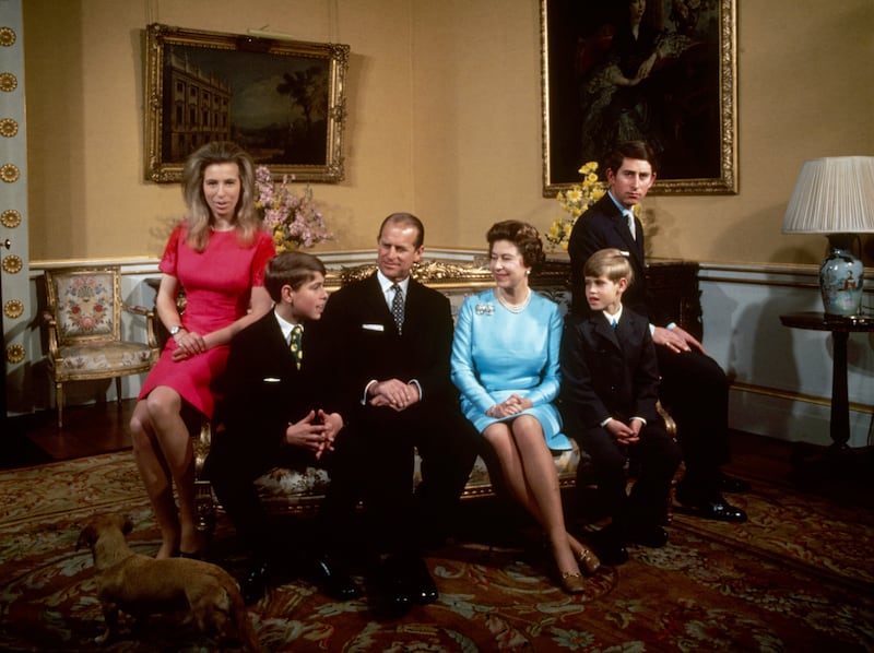 The queen with Princess Anne, Prince Andrew, Prince Philip, Prince Edward and Prince Charles at Buckingham Palace in 1972. Getty