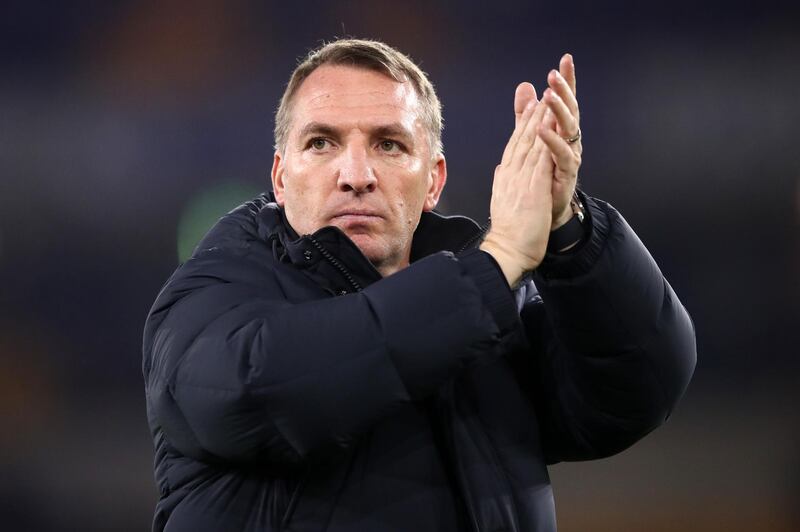Brendan Rodgers, manager of Leicester City, shows his appreciation to the fans after the match. Getty
