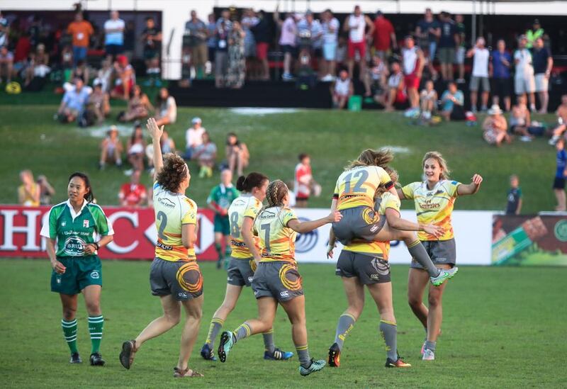 Dubai Hurricanes celebrate at the 2016 Dubai Rugby Sevens. Victor Besa / The National