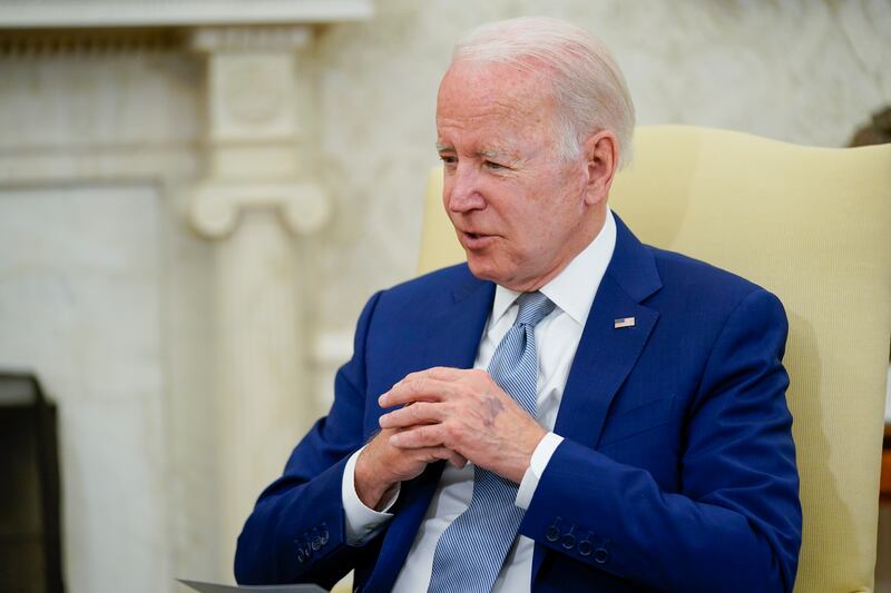 Mr Biden discusses areas of mutual interest with Mr Ardern. AP