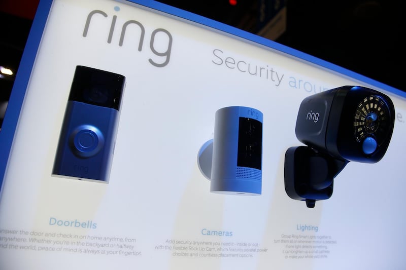 Amazon-owned Ring displays several products of their security line during the CES tech show Tuesday, Jan. 7, 2020, in Las Vegas. (AP Photo/Ross D. Franklin)