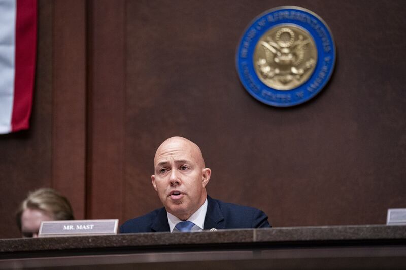 Brian Mast, a Republican congressman from Florida and chairman of the House Foreign Affairs oversight subcommittee, speaks during a meeting in Washington. Bloomberg