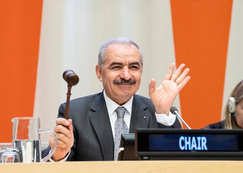 epa07875847 A handout photo made available by the United Nations (UN) shows Prime Minister of the Palestinian National Authority, Mohammad Shtayyeh during the opening ceremony of the 43 Annual Meeting of Ministers for Foreign Affairs of the Group of 77, in New York, New York, USA, 27 September 2019 (issued 28 September 2019).  EPA/UN PHOTO/KIM HAUGHTON HANDOUT  HANDOUT EDITORIAL USE ONLY/NO SALES