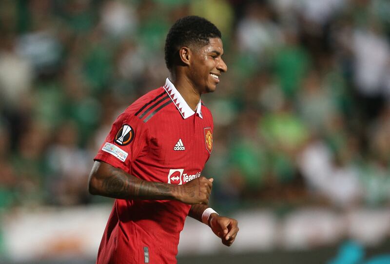 Marcus Rashford celebrates scoring their third goal. Reuters