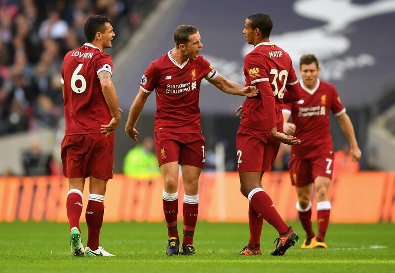 LONDON, ENGLAND - OCTOBER 22: Jordan Henderson of Liverpool argues with Dejan Lovren of Liverpool and Joel Matip of Liverpool during the Premier League match between Tottenham Hotspur and Liverpool at Wembley Stadium on October 22, 2017 in London, England.  (Photo by Shaun Botterill/Getty Images)