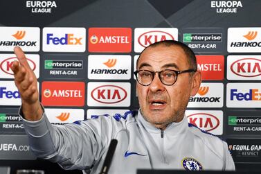 Chelsea manager Maurizio Sarri speaks to the media ahead of the Europa League semi-final, second leg. EPA