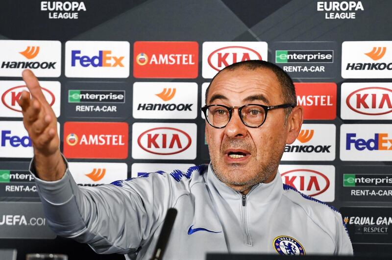 epa07555625 Chelsea manager Maurizio Sarri speaks during a press conference at Chelsea's training ground in Cobham, south-east of London, Britain, 08 May 2019. Chelsea FC will face Eintracht Frankfurt in their UEFA Europa League semi final, second leg soccer match on 09 May 2019.  EPA/ANDY RAIN