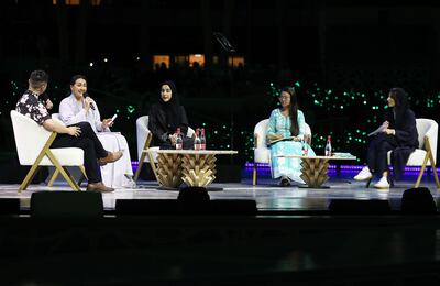 Mariam Almheiri, Minister of Climate Change and Environment, Shamma Al Mazrui, Minister of Community Development, and Razan Al Mubarak speak during the Road to Cop28 Launch event at Expo City in Dubai. Pawan Singh / The National