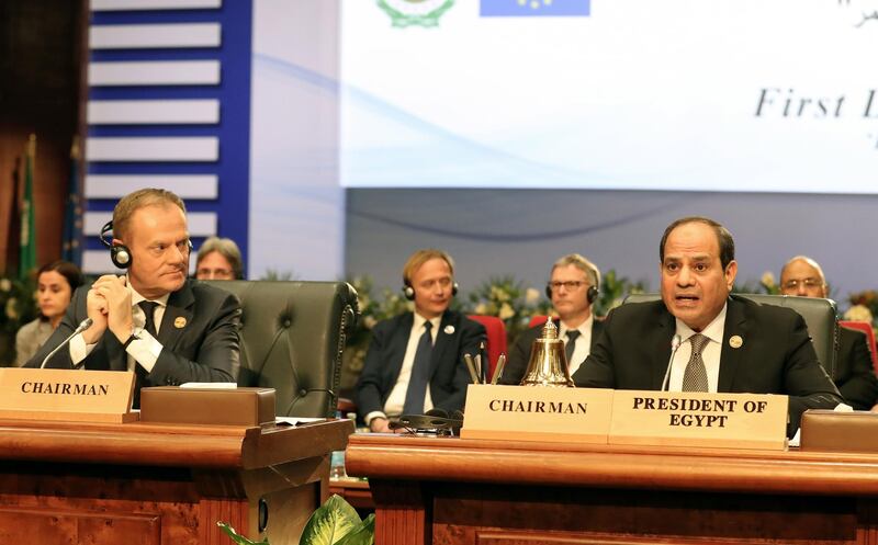 European Union Council President Donald Tusk and Egyptian President Abdel Fattah al-Sisi attend the opening of the first LAS-EU Summit.  EPA