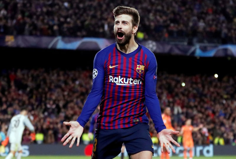 Barcelona's Gerard Pique celebrates scoring their fourth goal  during the Champions League match between Barcelona and Lyon in 2019. Reuters