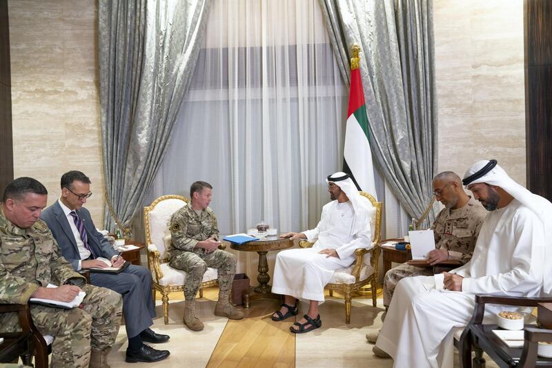 ABU DHABI, UNITED ARAB EMIRATES - January 12, 2019: HH Sheikh Mohamed bin Zayed Al Nahyan, Crown Prince of Abu Dhabi and Deputy Supreme Commander of the UAE Armed Forces (3rd R), meets with General Austin S. Miller, Commander of NATO's Resolute Support Mission and US Forces in Afghanistan (4th R). Seen with HE Mohamed Mubarak Al Mazrouei, Undersecretary of the Crown Prince Court of Abu Dhabi (R) and HE Major General Essa Saif Al Mazrouei, Deputy Chief of Staff of the UAE Armed Forces (2nd R). 


( Mohamed Al Hammadi / Ministry of Presidential Affairs )
---