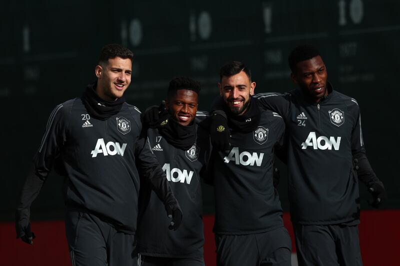 MANCHESTER, ENGLAND - FEBRUARY 26: Diogo Dalot, Fred, Bruno Fernandes and Tim Fosu-Mensah of Manchester United arrive during a training session ahead of their UEFA Europa League round of 32 second leg match against Club Brugge at Aon Training Complex on February 26, 2020 in Manchester, United Kingdom. (Photo by Jan Kruger/Getty Images)