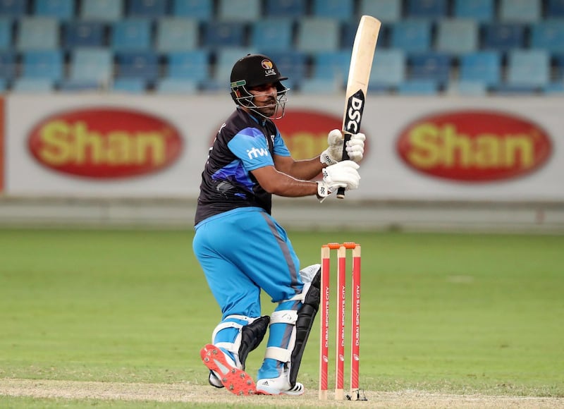 Dubai, United Arab Emirates - Reporter: Paul Radley. Sport. Cricket. Blue's Muhammad Usman bats during the game between ECB Blues and Fujairah in the final of the Emirates D10. Friday, August 7th, 2020. Dubai. Chris Whiteoak / The National