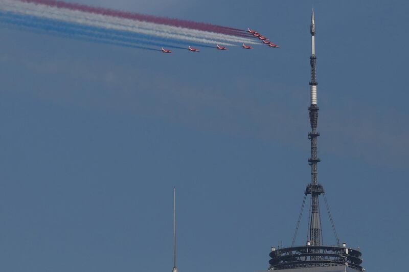 The Royal Air Force Red Arrows fly past the One World Trade building New York City, New York, U.S.   Reuters