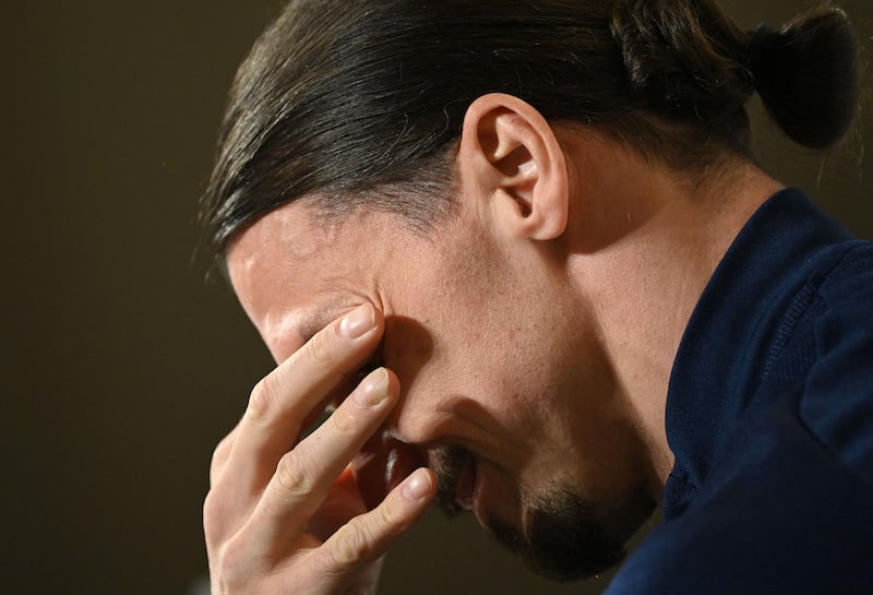 Sweden forward Zlatan Ibrahimovic at a press conference in Stockholm prior to the World Cup qualifier against Georgia. AFP
