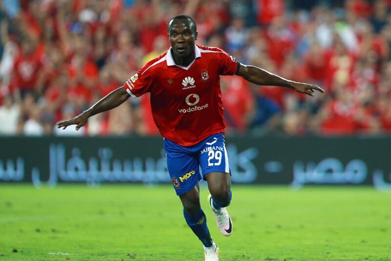 Al Ahly’s John Antwi celebrates after scoring against Roma during their friendly football match between Egypt’s Al Ahly SC against Italy’s AS Roma on May 20, 2016 at Hazza bin Zayed Stadium in Al Ain. Nezar Balout / AFP