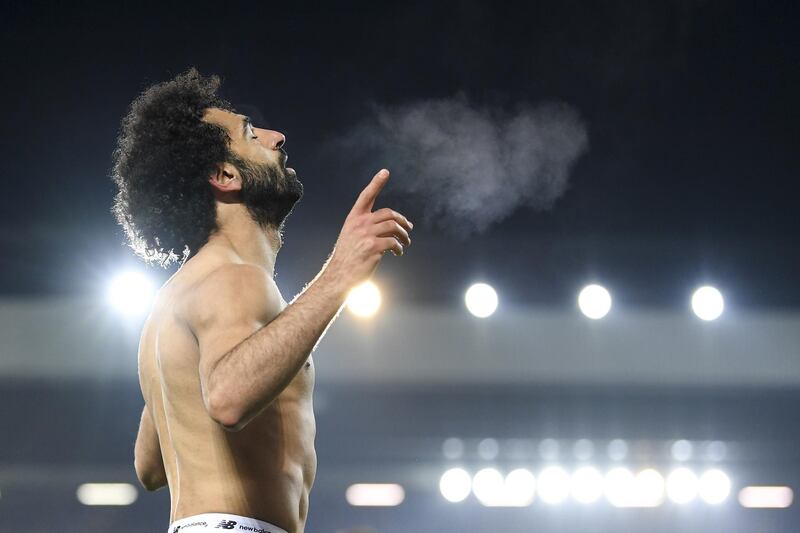 January 19, 2020, Liverpool 2 Manchester United 0: Mohamed Salah celebrates after netting the second goal. Getty