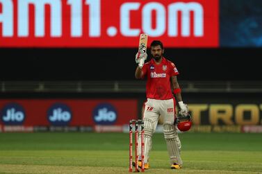 KL Rahul captain of Kings XI Punjab celebrates his century during match 6 of season 13 of the Dream 11 Indian Premier League (IPL) between Kings XI Punjab and Royal Challengers Bangalore held at the Dubai International Cricket Stadium, Dubai in the United Arab Emirates on the 24th September 2020. Photo by: Ron Gaunt / Sportzpics for BCCI