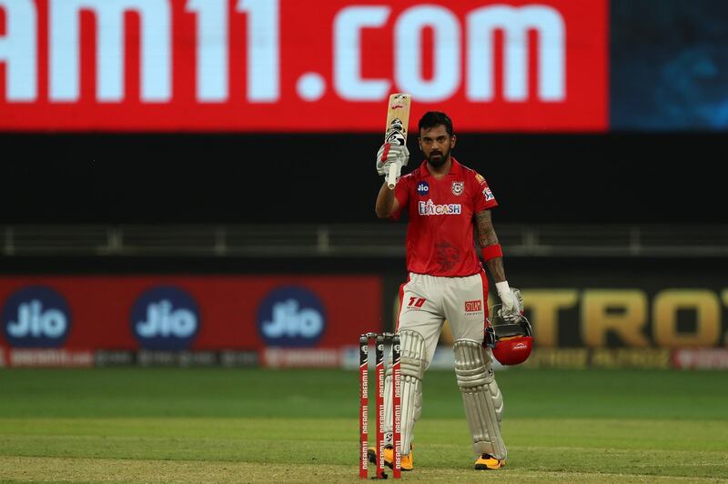 KL Rahul captain of Kings XI Punjab celebrates his century during match 6 of season 13 of the Dream 11 Indian Premier League (IPL) between Kings XI Punjab and Royal Challengers Bangalore held at the Dubai International Cricket Stadium, Dubai in the United Arab Emirates on the 24th September 2020.  Photo by: Ron Gaunt  / Sportzpics for BCCI