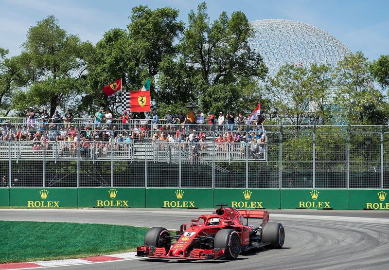 Ferrari driver Sebastian Vettel of Germany takes a turn at the hairpin during the third practice session for the F1 Canadian Grand Prix auto race, Saturday, June 9, 2018 in Montreal. (Graham Hughes/The Canadian Press via AP)