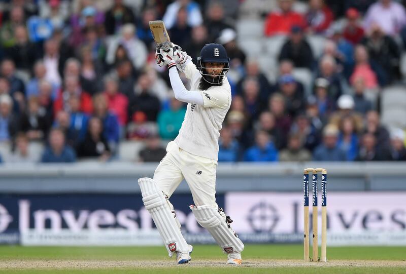 MANCHESTER, ENGLAND - AUGUST 06:  England batsman Moeen Ali hits out during day three of the 4th Investec Test Match between England and South Africa at Old Trafford on August 6, 2017 in Manchester, England.  (Photo by Stu Forster/Getty Images)